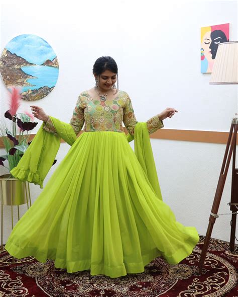 Fancy Parrot Green Color Embroidery Work Gown - Clothsvilla