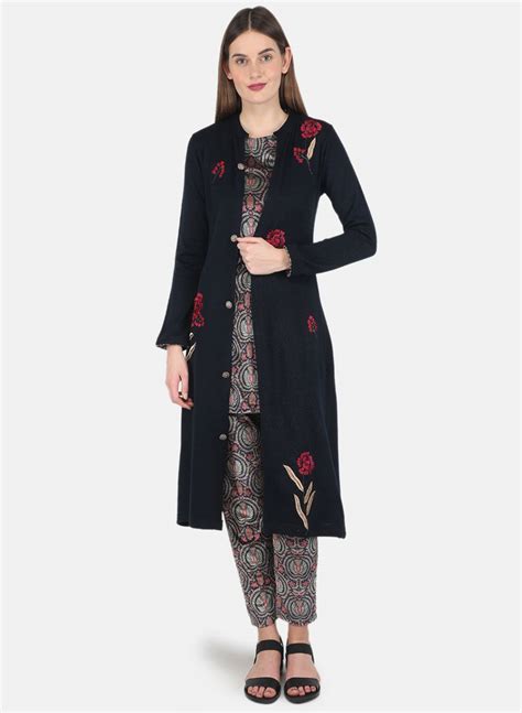 Buy Women Navy Blue Self design 3 Pc set (Kurti+Shrug+Lower) Online in ...