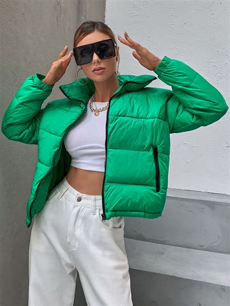 Slant Pocket Drop Shoulder Zip-up Puffer Coat | Green puffer jacket ...