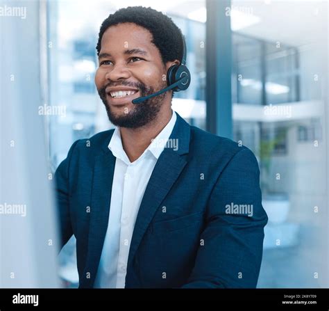 Call center, communication and black man consulting on the internet ...