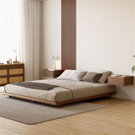 Japanese Style Queen Low Bed Frame Wooden Floor Bed in Walnut