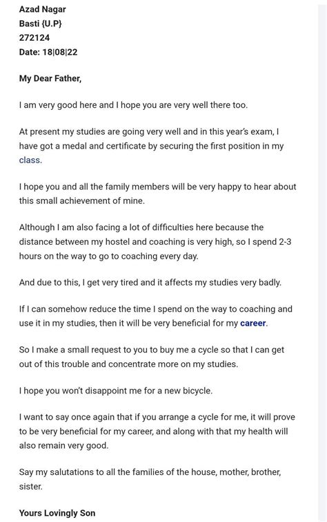 Write a letter to your father requesting him to buy you a cycle ...