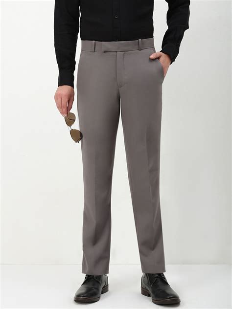 SHOWOFF Men's Grey Solid Slim Fit Formal Trousers