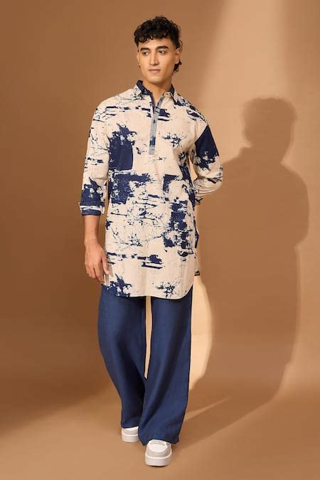 Buy Cream Voile Printed Crackle Pathan Kurta For Men by Vivek ...