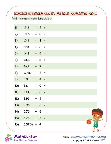 Sixth Grade Worksheets: Dividing Decimals | Math Center