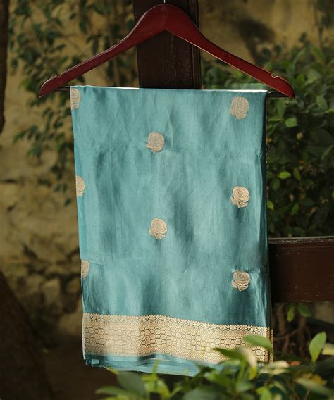 Blue Pure Gajji Silk Banarasi Dupatta with Rose Flower Motifs woven in ...