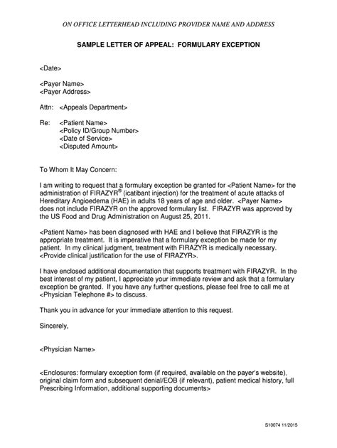 Fillable Online SAMPLE LETTER OF APPEAL: FORMULARY EXCEPTION Fax Email ...