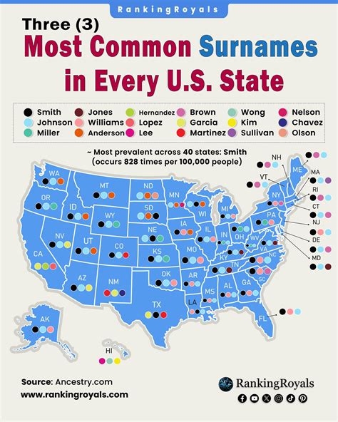 RankingRoyals | Three Most Common Surnames in every U.S. State (as of ...
