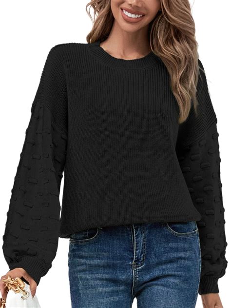WIPONKEN Women's Knitted Crew Neck Sweater, 30% Wool, Puff Sleeve ...