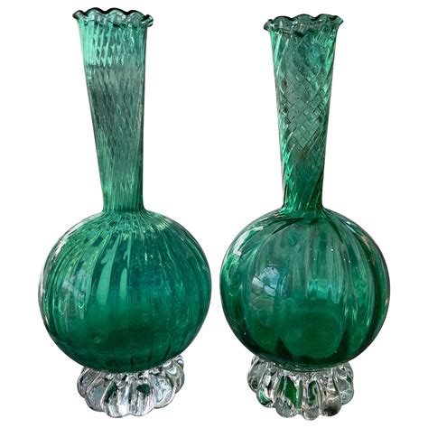 Vintage Pair of Murano Glass Emerald Green Bud Vases For Sale at ...