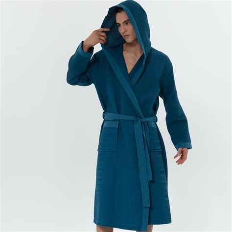Men's Deep Aqua Blue Hooded Turkish Cotton Waffle Robe | SEYANTE