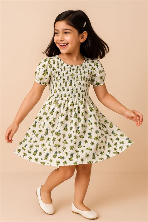 Girls Off White Rayon Regular Fit Half Sleeves Print Dress – Tales ...