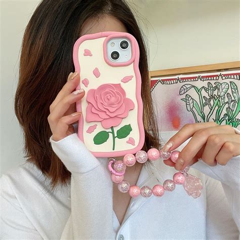 Pink Rose Silicone Soft Cover With Bracelet - iPhone 15 Pro