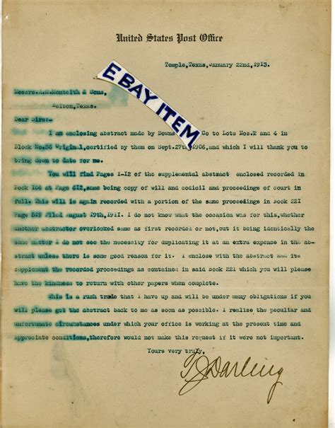 1913 LETTERHEAD T. J. Darling UNITED STATES POST OFFICE Temple Texas ...
