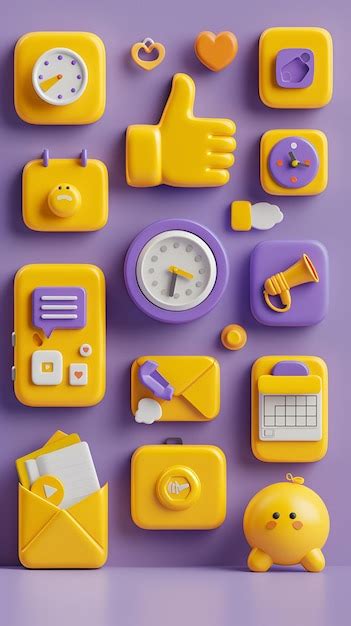 3d icon set for social media yellow amp purple thumbs up book clock ...