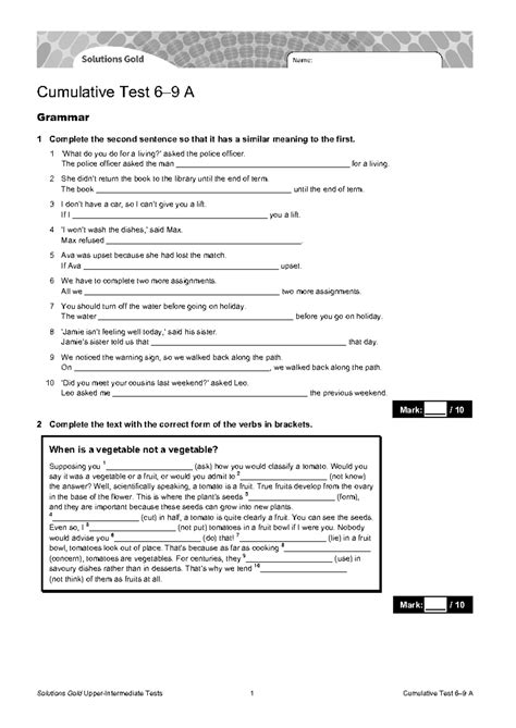 Cumulative Test A Grammar & Vocabulary U6-9 Solutions - Studocu