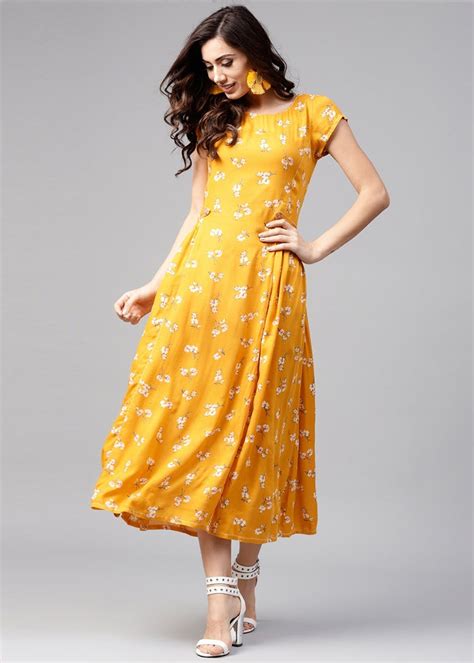 Get Mustard Yellow Printed Side Gathered A-Line Dress at ₹ 1499 | LBB Shop