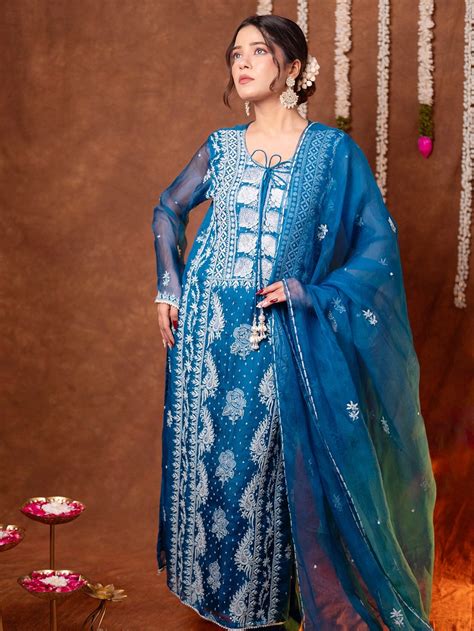 Serah Organza Chikankari Kurti Piece with Dupatta - Blue – Chikanlabel Luxe