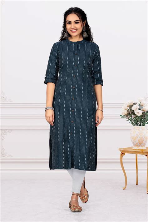 Navy Blue Color Riveting Printed Cotton Kurti
