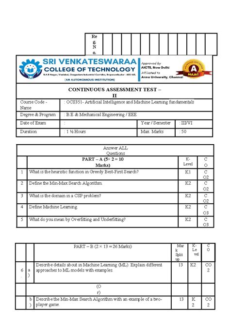 IAT-II Continuous Assessment Test II (OCS351) - AI & ML Fundamentals ...