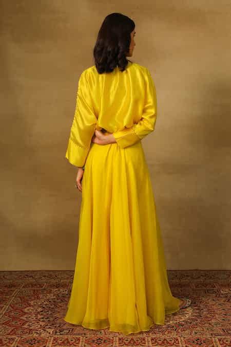 Buy Yellow Silk, Organza Embroidery Round Neck Yoke Top With Sharara ...