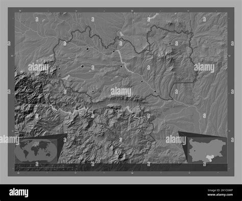 Haskovo, province of Bulgaria. Bilevel elevation map with lakes and rivers. Locations of major ...