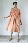 Buy Peach Cotton Round Neck Pleated Yoke Dress For Women by Merakus ...