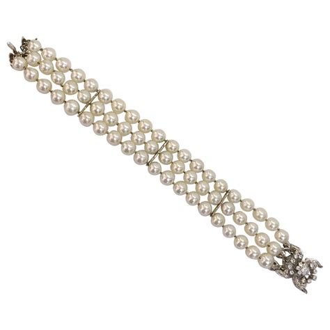 Three-Strand Pearl Bracelet with 18 Karat White Gold and Diamond Clasp ...