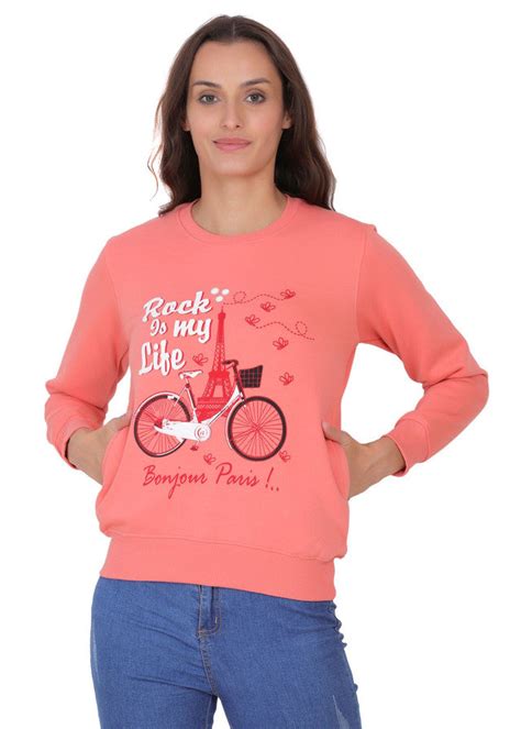 HiFlyers Women Coral Regular Fit Printed Round Neck Sweatshirt – T T Bazaar