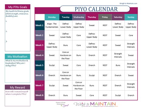 Piyo Exercise Calendar - Educational Printable Activities