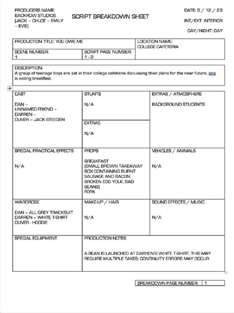 Image result for Script Breakdown Sheet