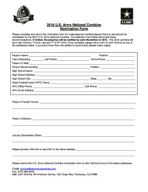 2016-2026 US Army National Combine Nomination Form - Blank Fillable ...