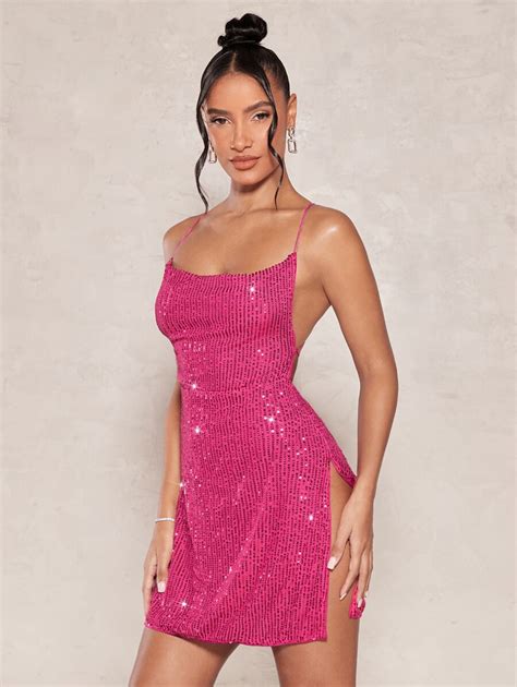 SHEIN BAE Split Thigh Crisscross Tie Backless Sequin Cami Dress | SHEIN USA