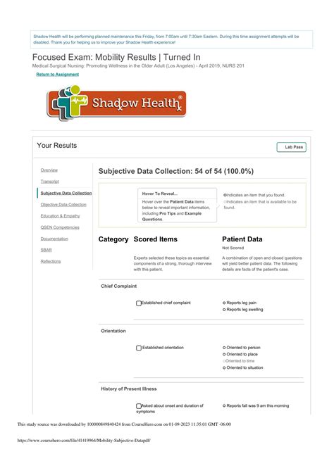 Robert Hall Mobility Shadow Health Focused Exam- Mobility Subjective ...