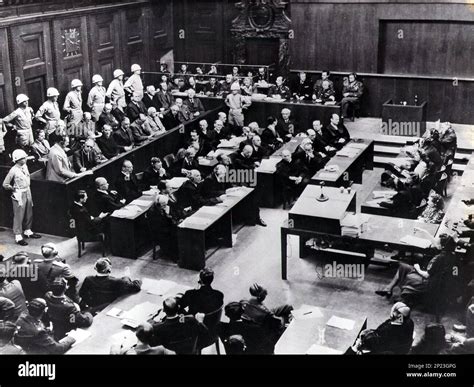 File -This 1945 file picture shows the interior view of the court room of the Nuremberg Trials ...