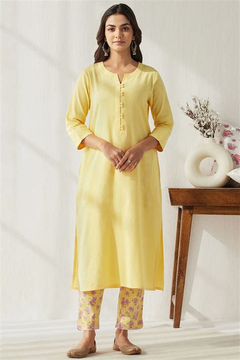 Buy Yellow Handcrafted Straight Cotton Flax Kurta for Women | FGMK23 ...