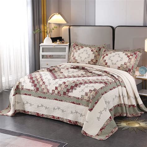 Amazon.com: vctops 3 Piece Embroidered Floral Quilted Bedspread Quilt ...