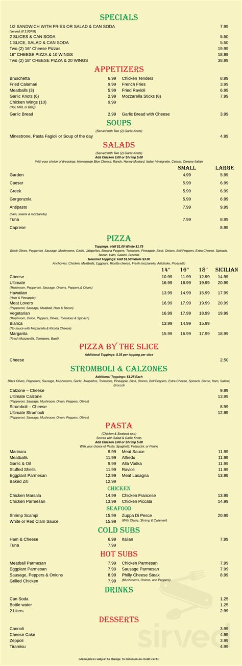 Menu - Palm Springs FL's Ronnie's Pizzeria | Sirved