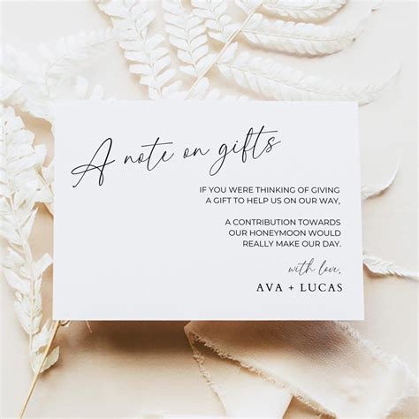 A Note on Gifts Card Insert Template, Modern Minimalist Printable Wedding Invitation Monetary ...