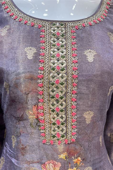 Lilac Banaras, Zardozi and Thread work with Floral Print Straight Cut ...