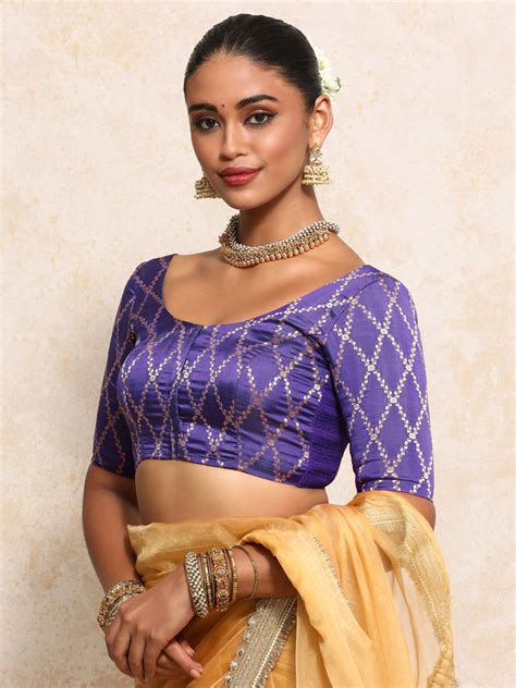 Elbow Sleeves Saree Blouse in Regal Purple Vine Mesh Art Silk – Binks