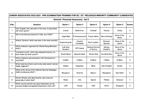 Part-1-General and Financial Awareness Set 5 - S. Question Option 1 ...
