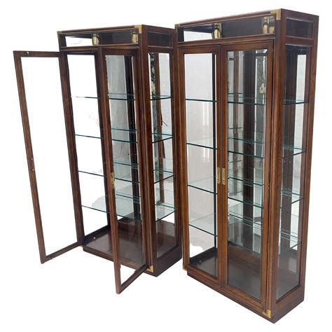 Pair Two Glass Doors Lighted Oak and Brass Glass Shelves Vitrines ...