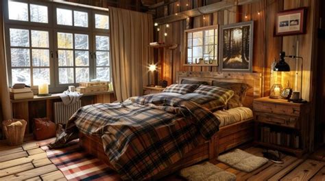 Rustic charm cozy bedroom with wooden furniture and plaid bedding ...