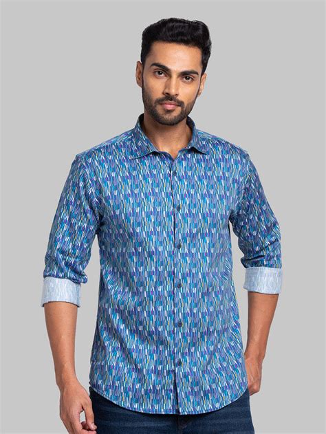 Park Avenue Men Blue Printed Slim Fit Full Sleeve Cut Away Collar Shir ...