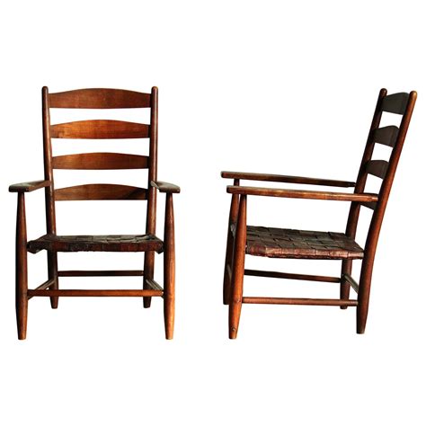 Gordon Russell Hand Built Ladder Back Oak and Woven Leather Lounge Chairs, 1904 For Sale at 1stDibs