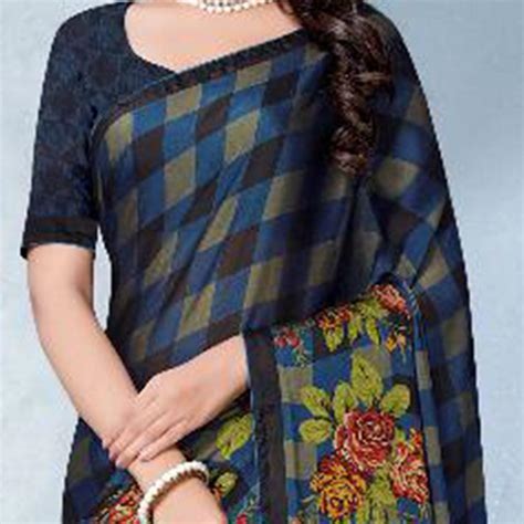 Prominent Navy Blue Colored Partywear Checkered Printed Chiffon Saree