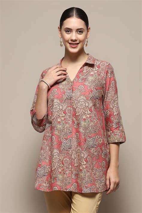 Rust Cotton Floral Printed A-Line Shirt Style Kurti at Biba India