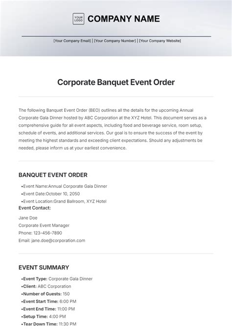 Free Banquet Event Order (BEO) Templates to Edit Online