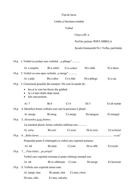 AcademiaABC – Fișă de lucru Clasa a III-a Verbul
